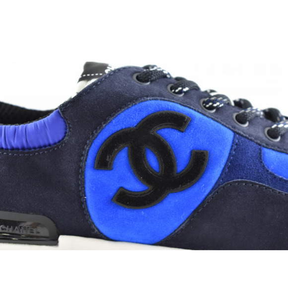 Chanel 21K Blue Suede White CC Logo Lace Up Tie Flat Runner Trainer Sneaker 39.5 - Picture 4 of 11